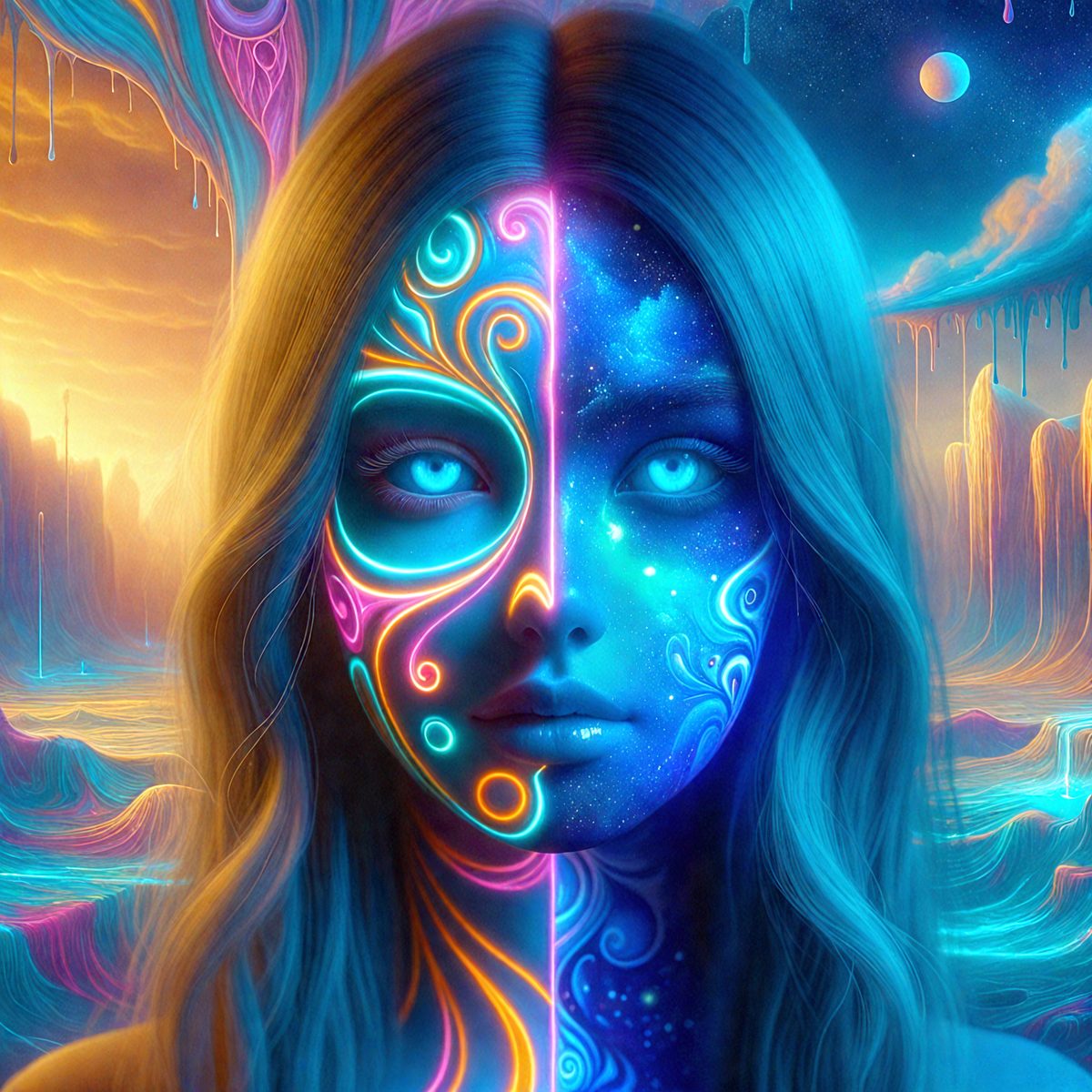 The primary subject of the image is a woman with a unique and artistic appearance. She has a blue and pink face, which gives her a distinctive and eye-catching look. The setting is a nighttime scene, with a backdrop of a dark sky and a moon visible in the background. The visual style of the image is digital art, as it is a computer-generated or digitally created piece. The dominant colors in the image are blue and pink, which create a vibrant and lively atmosphere.